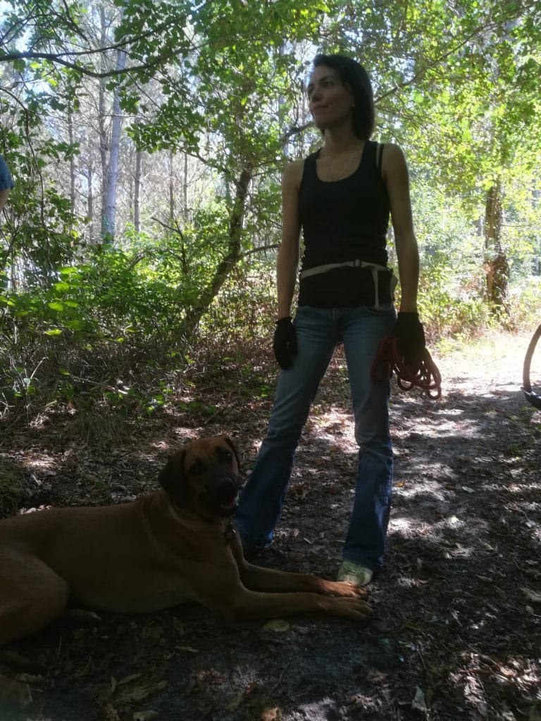 Céline Guillou, comportementaliste canin de Di'mention animale, en train de surveiller les chiens qu'elle accompagne.
